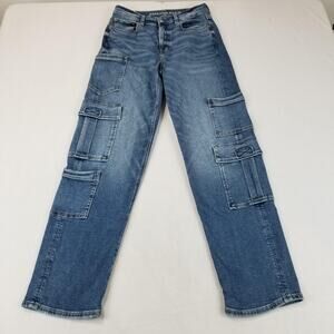 American Eagle Jeans Womens 2 Blue Super High-Rise Baggy Straight Cargo Stretch